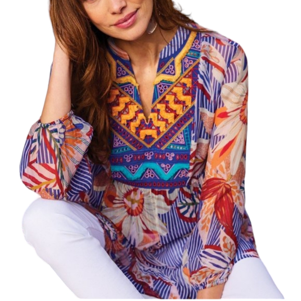 Soft Surroundings Tory Tunic Boho Floral Stripe Print Top Tassel Sheer Sz Large - Picture 2 of 15